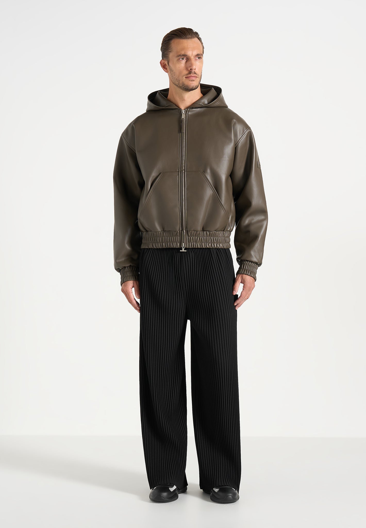 Jude - Unisex Leather Zip-Through Hooded Jacket - Olive