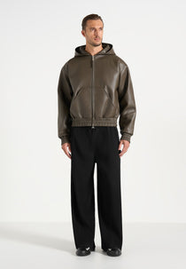 Jude - Unisex Leather Zip-Through Hooded Jacket - Olive