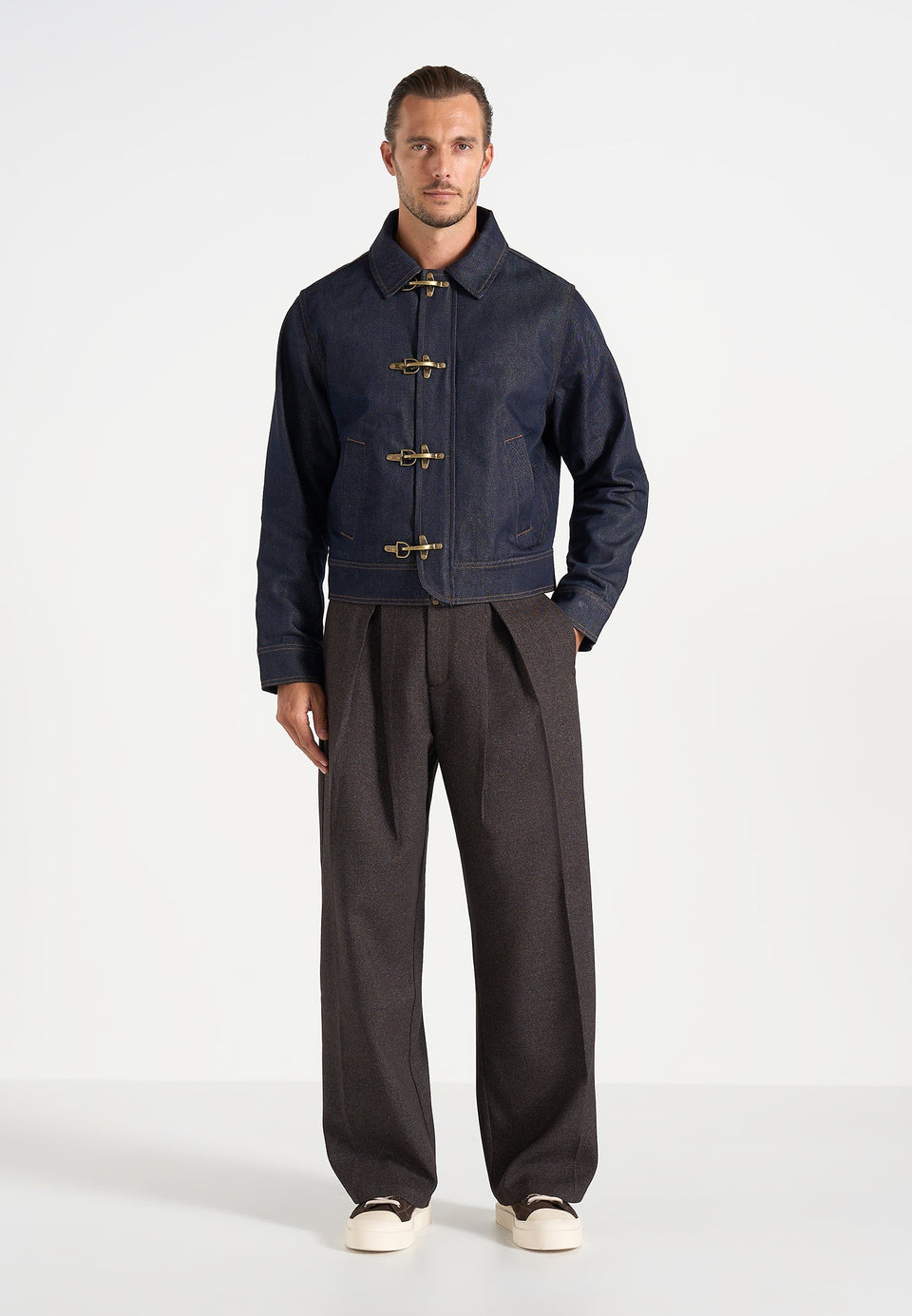 Nino - Unisex Clasp Detail Contrast Stitch Denim Jacket - Indigo