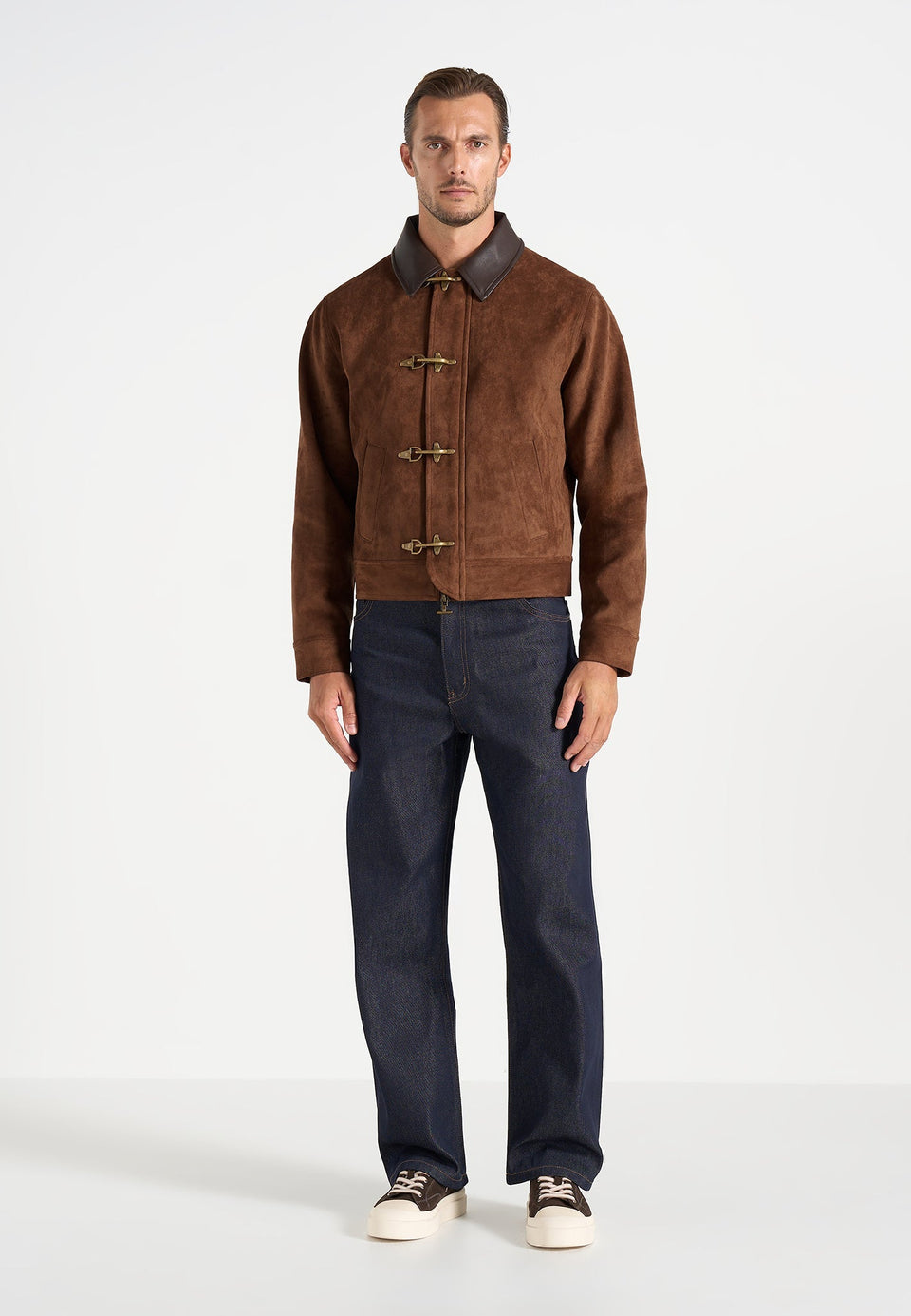 Nino - Unisex Clasp Detail Contrast Stitch Suede Jacket - Tan