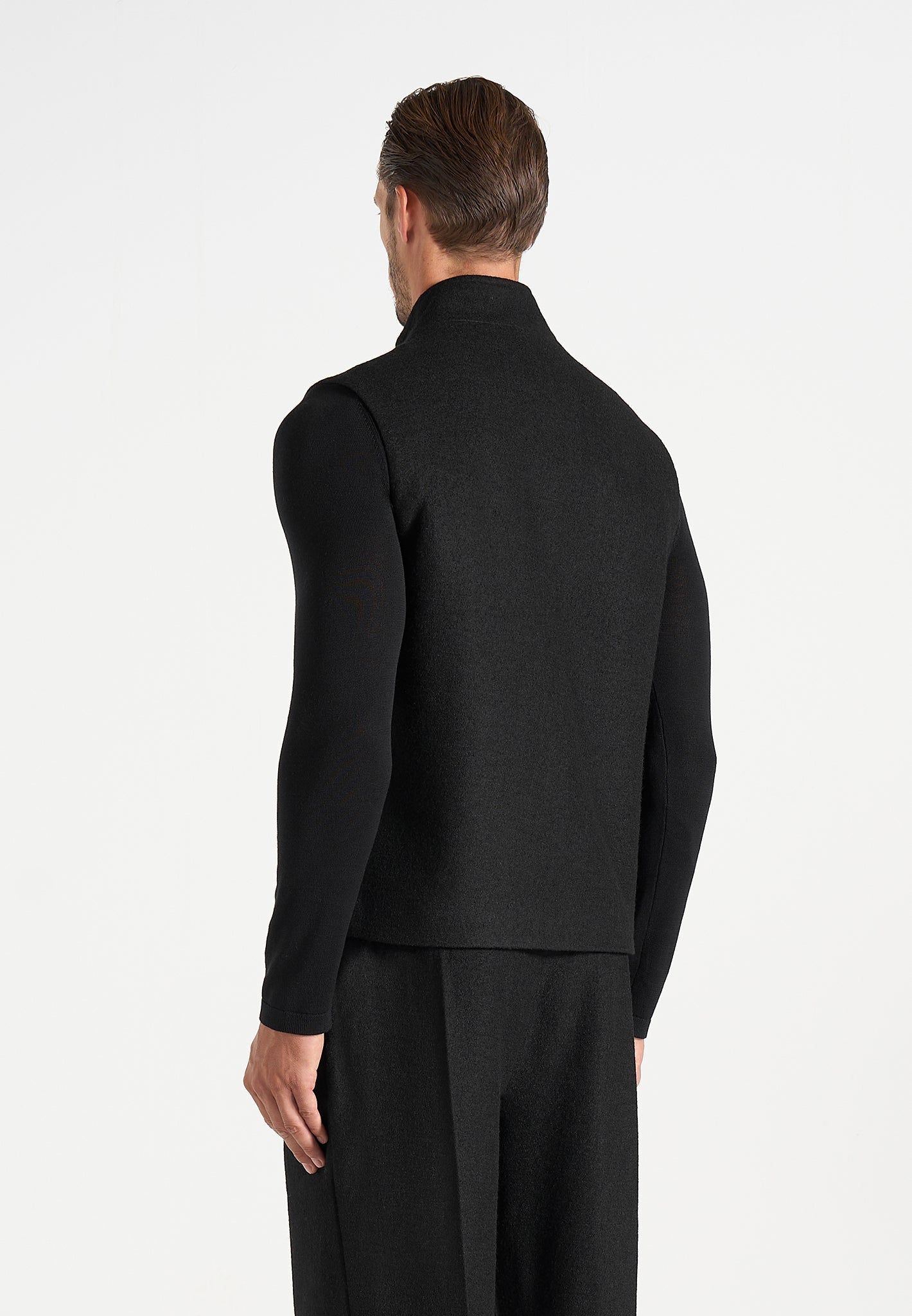 Levi - Herringbone Brushed Wool Zip Gilet - Black