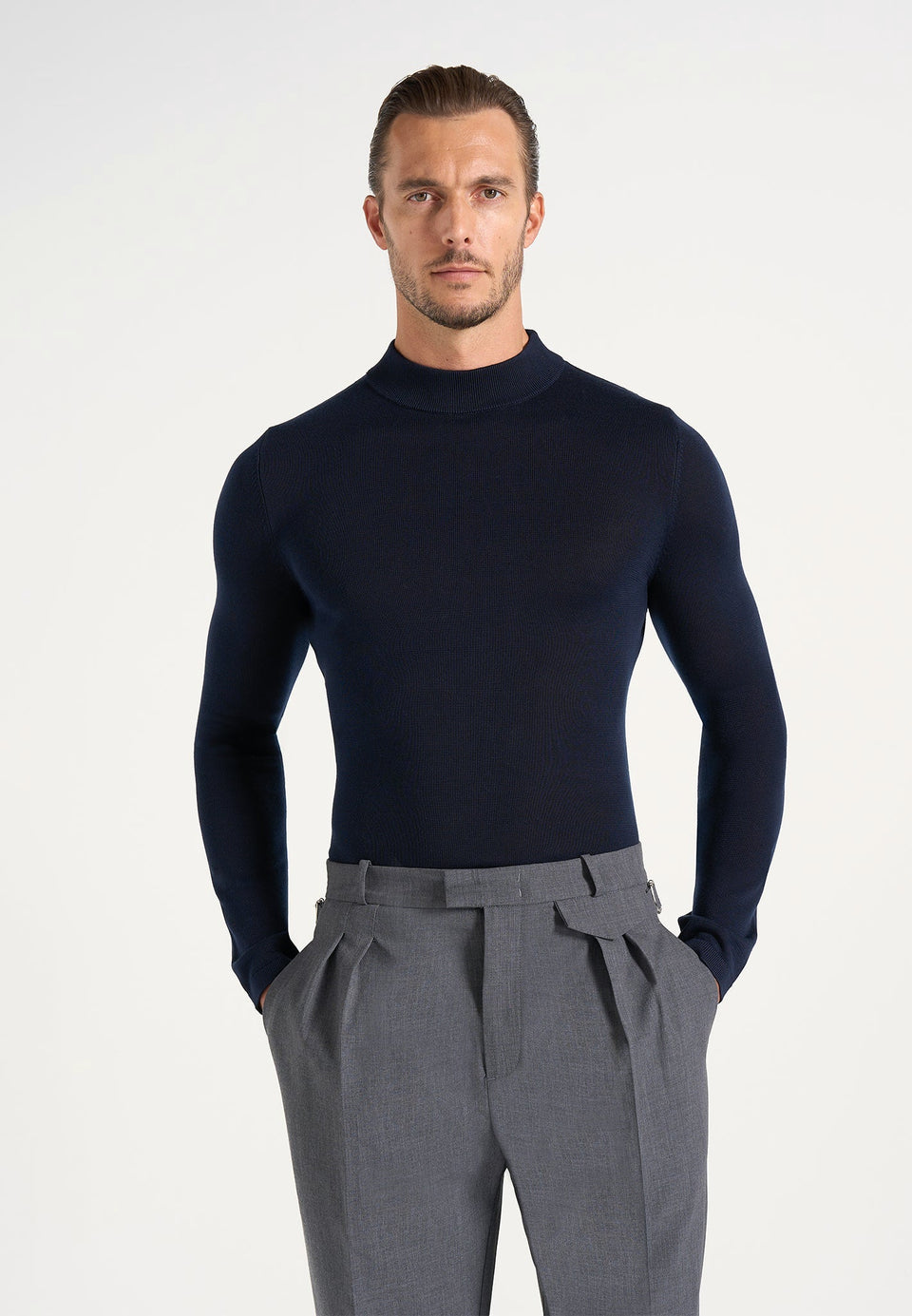 KW003 - Fitted Mock Neck Wool-Blend Jumper - Navy