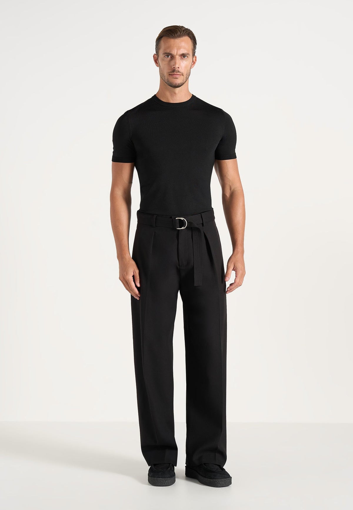 Loic - Wide Leg Tailored Wool-Blend Trousers With Belt - Black