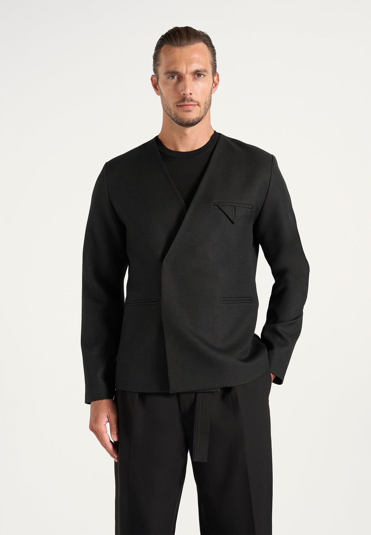 colin-collarless-double-breasted-minimal-blazer-black
