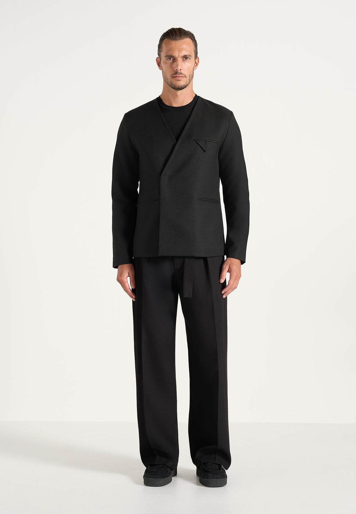 Colin - Collarless Double Breasted Minimal Blazer - Black