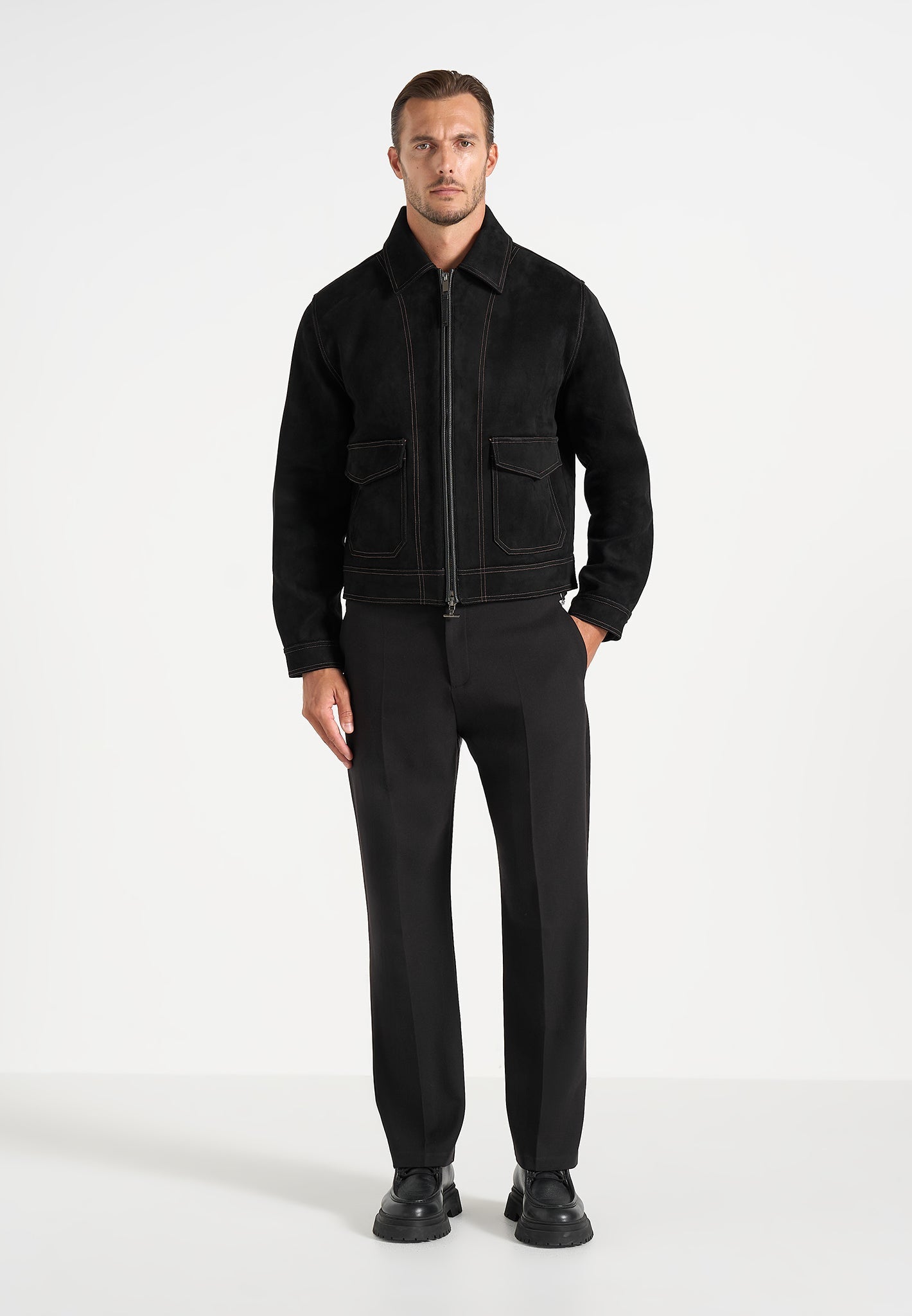 Vince - Suede Contrast Stitch Jacket - Black