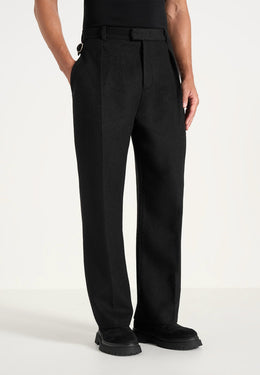 Dorian - Herringbone Brushed Wool Pleated Trousers - Black