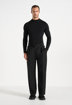 Dorian - Herringbone Brushed Wool Pleated Trousers - Black