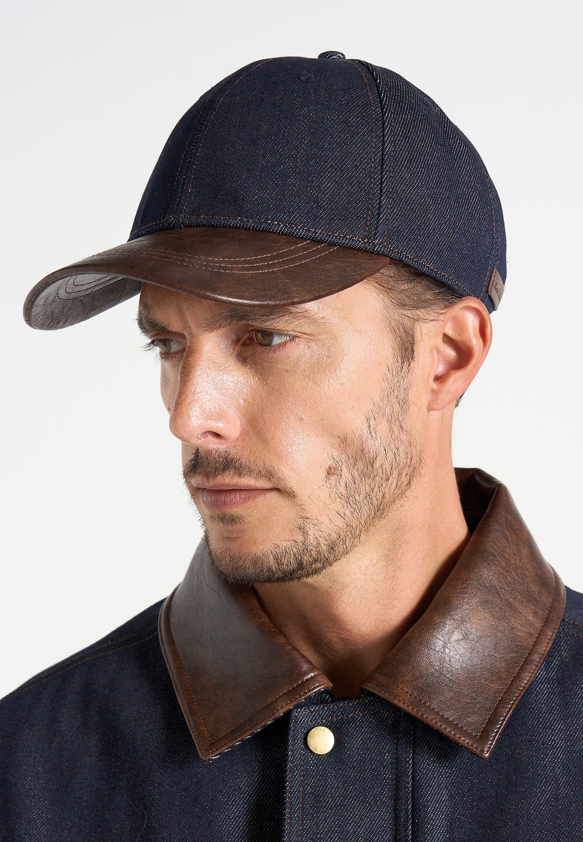 Ellis - Denim Cap With Leather Brim - Indigo