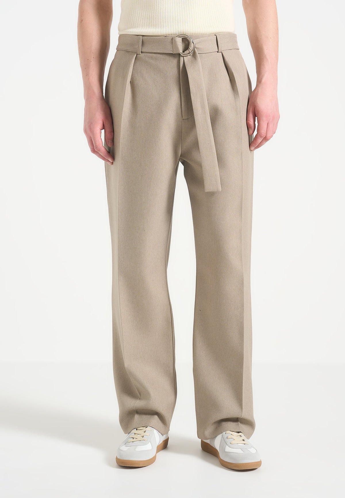 Louis - Relaxed Fit Belted Tailored Pants - Beige