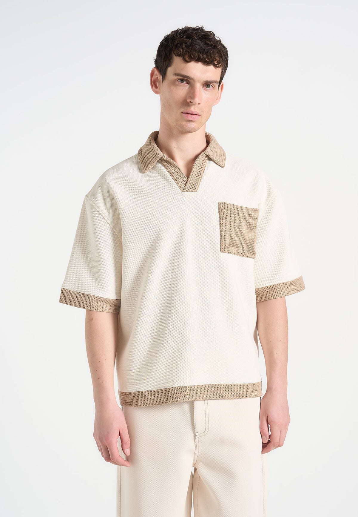 B⁠rice - Boxy Polo Shirt with Crochet Detail - Cream