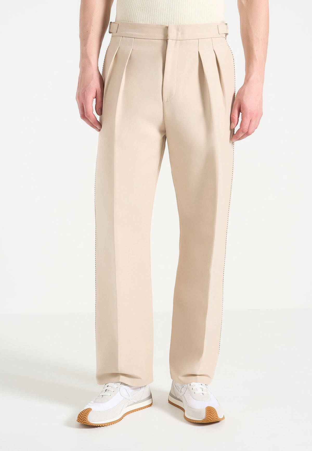 Nolan - Twin Pleat Chino Pants with Stitch Detail - Beige