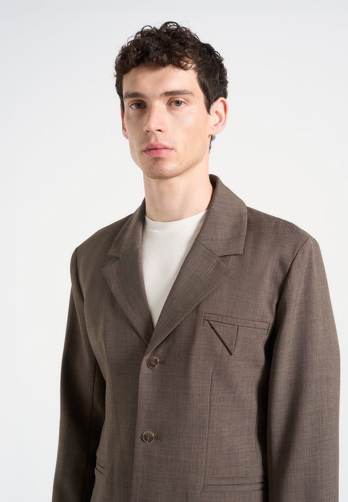 Bastien - Single Breasted Hatched Tailored Suit Jacket - Light Brown