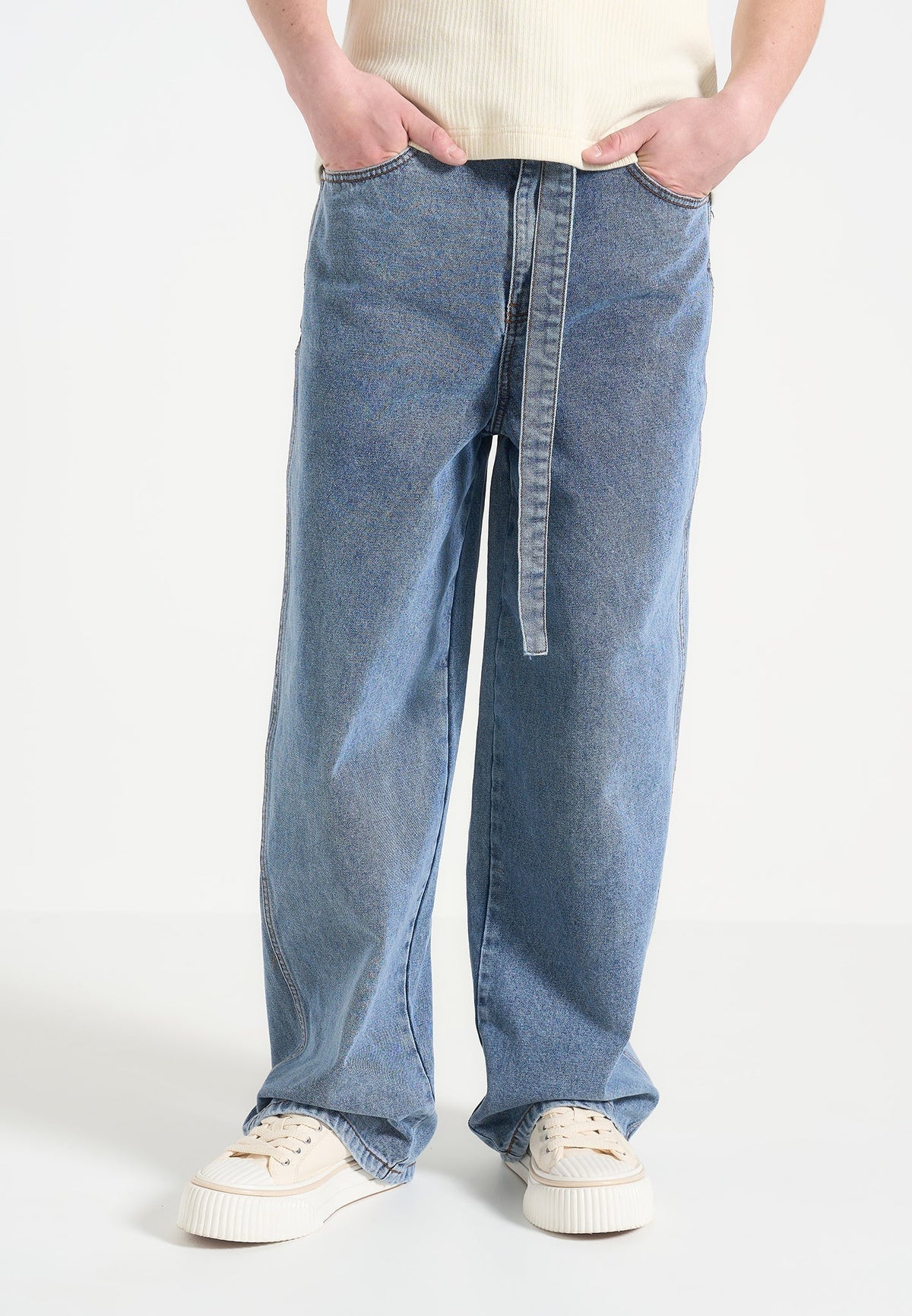 Adam - Wide Leg Belted Denim Jeans - Blue Wash