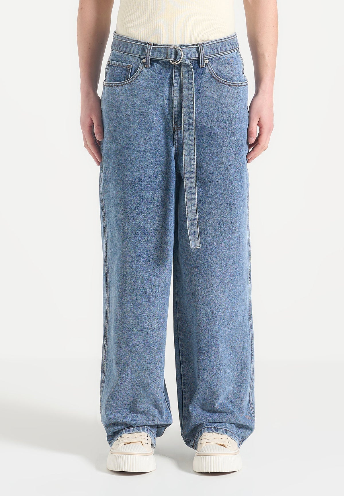 Adam - Wide Leg Belted Denim Jeans - Blue Wash
