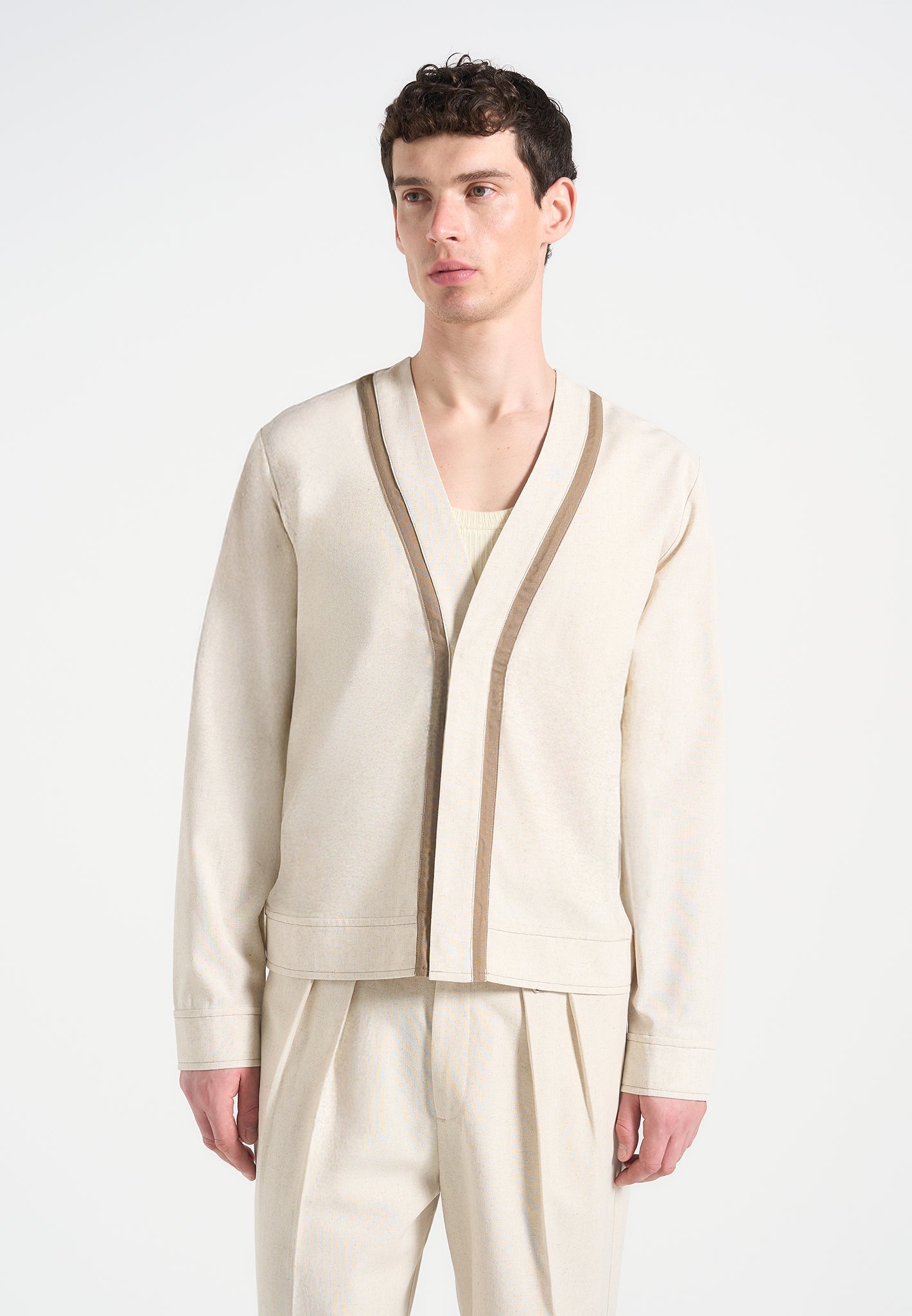 Alain - Linen Cardigan with Contrast Placket - Natural