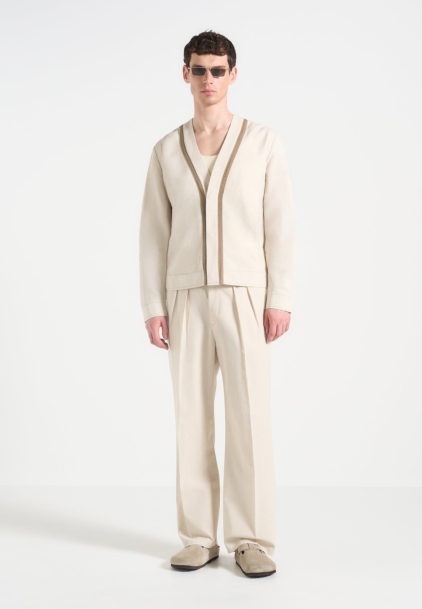Alain - Linen Cardigan with Contrast Placket - Natural