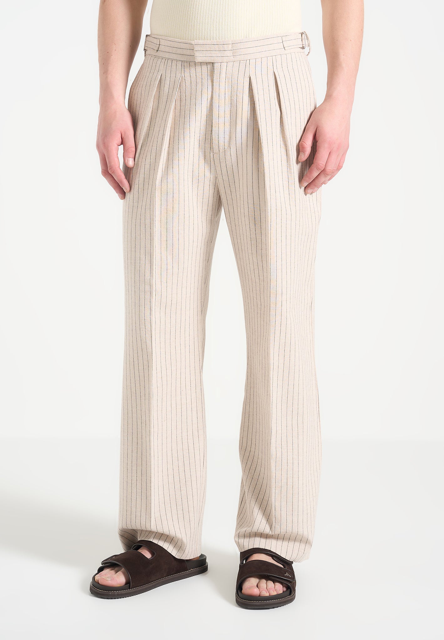 Pierre - Relaxed Fit Twin Pleat Pinstripe Trousers - Beige