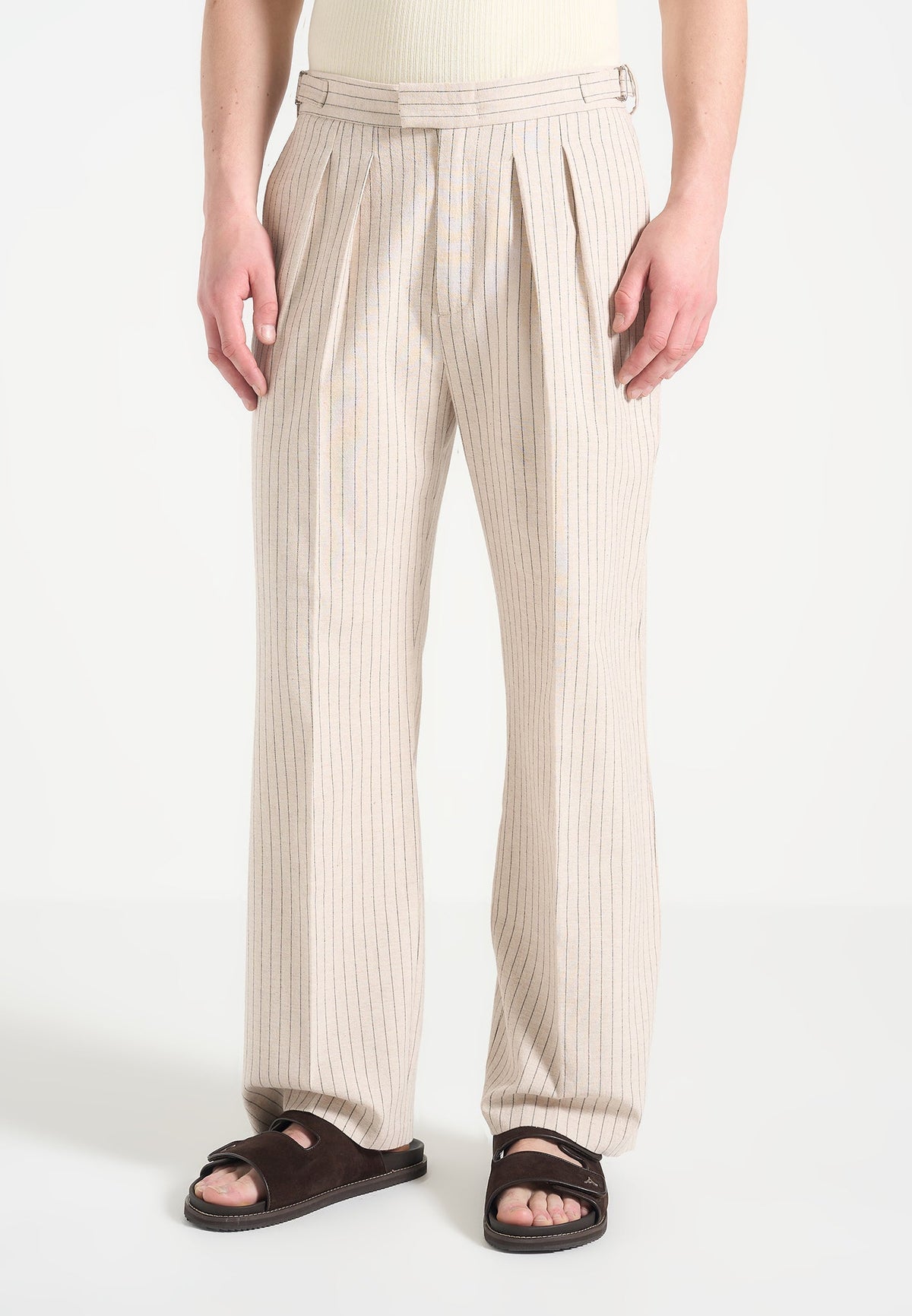 Pierre - Relaxed Fit Pinstripe Pleated Tailored Pants - Beige