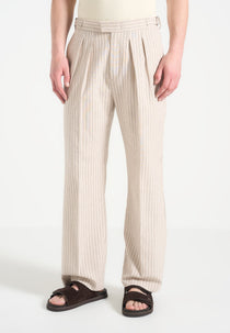 Pierre - Relaxed Fit Pinstripe Pleated Tailored Pants - Beige