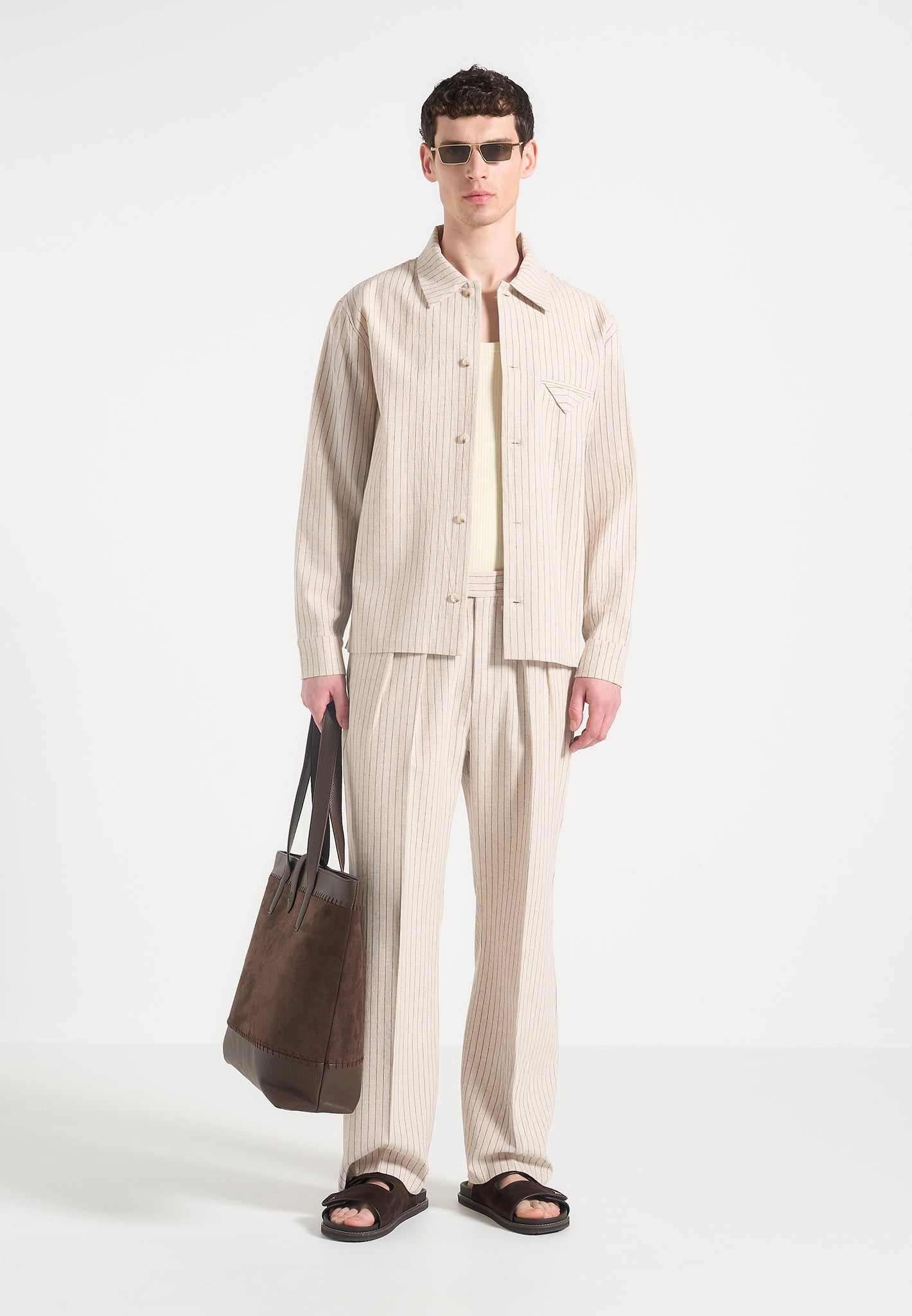 Pierre - Relaxed Fit Twin Pleat Pinstripe Trousers - Beige