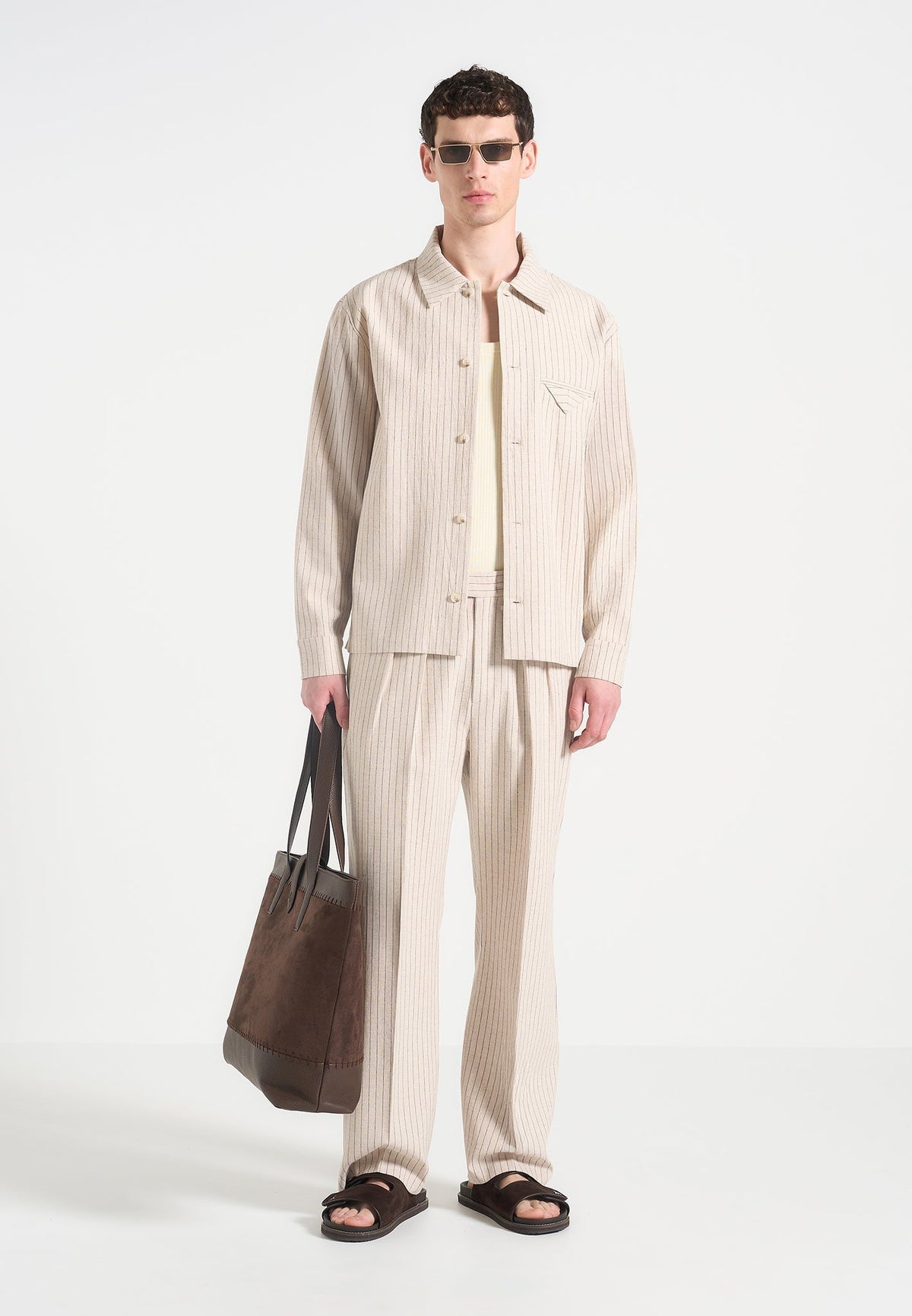 Pierre - Relaxed Fit Pinstripe Pleated Tailored Pants - Beige