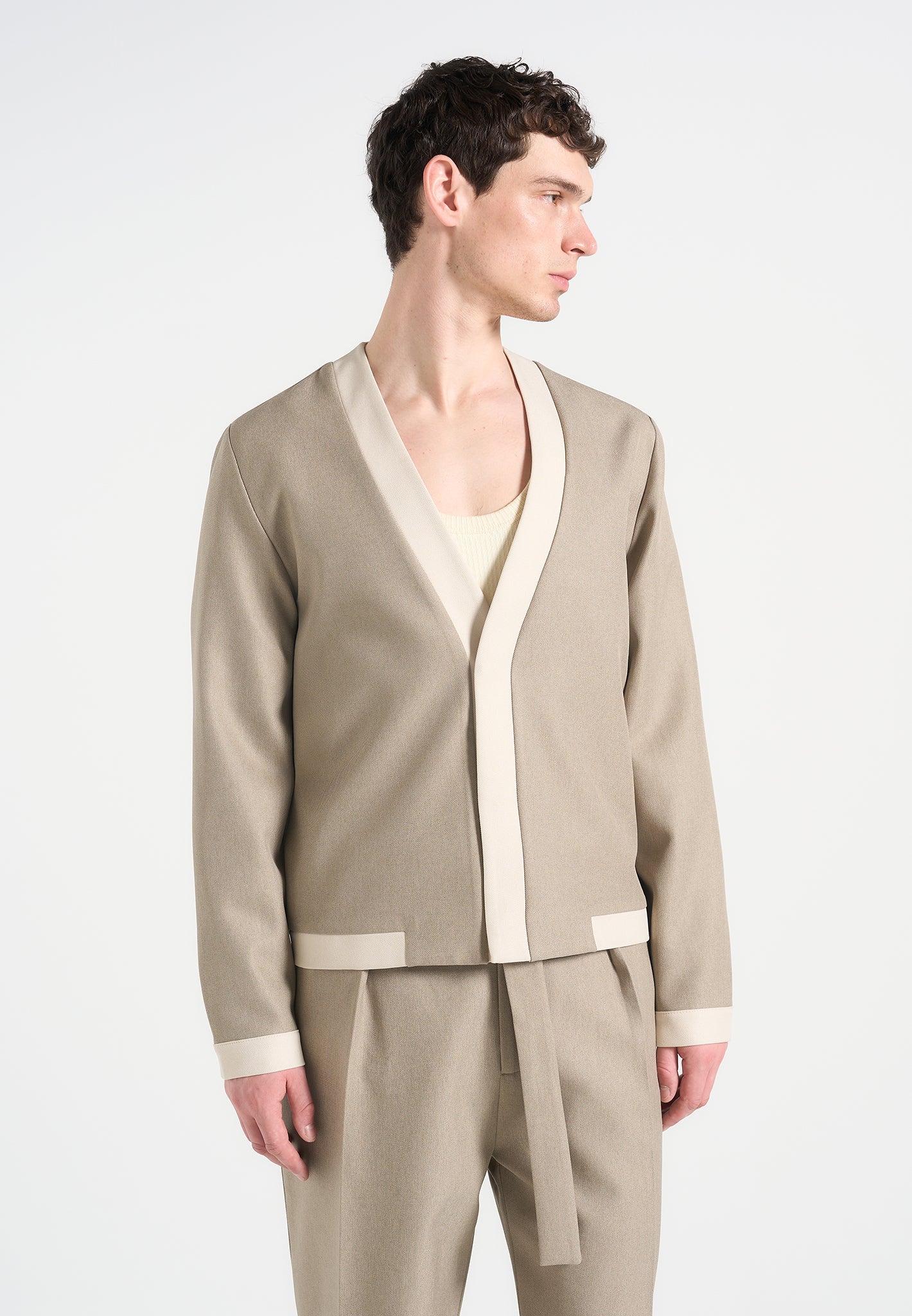 Clovis - Tailored Cardigan with Contrast Placket - Beige
