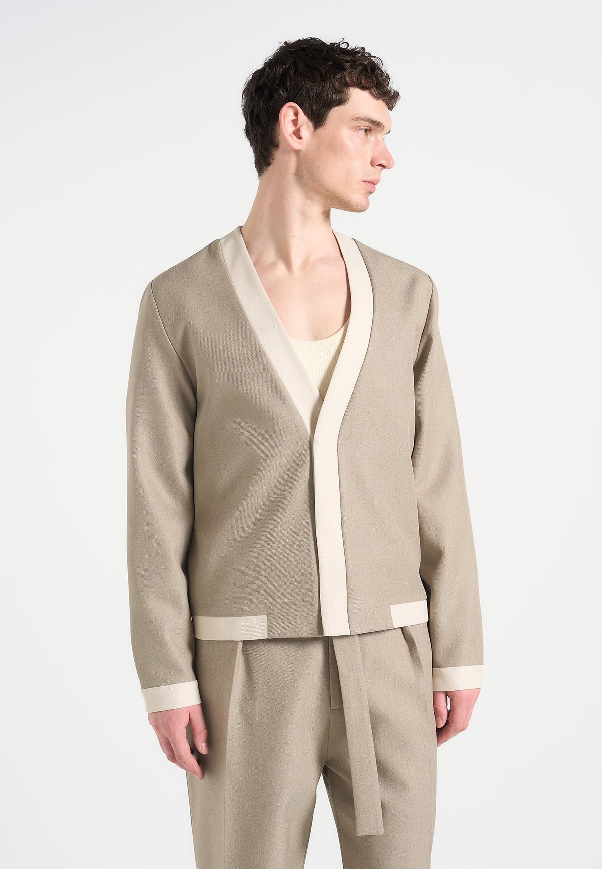 Clovis - Tailored Cardigan with Contrast Placket - Beige