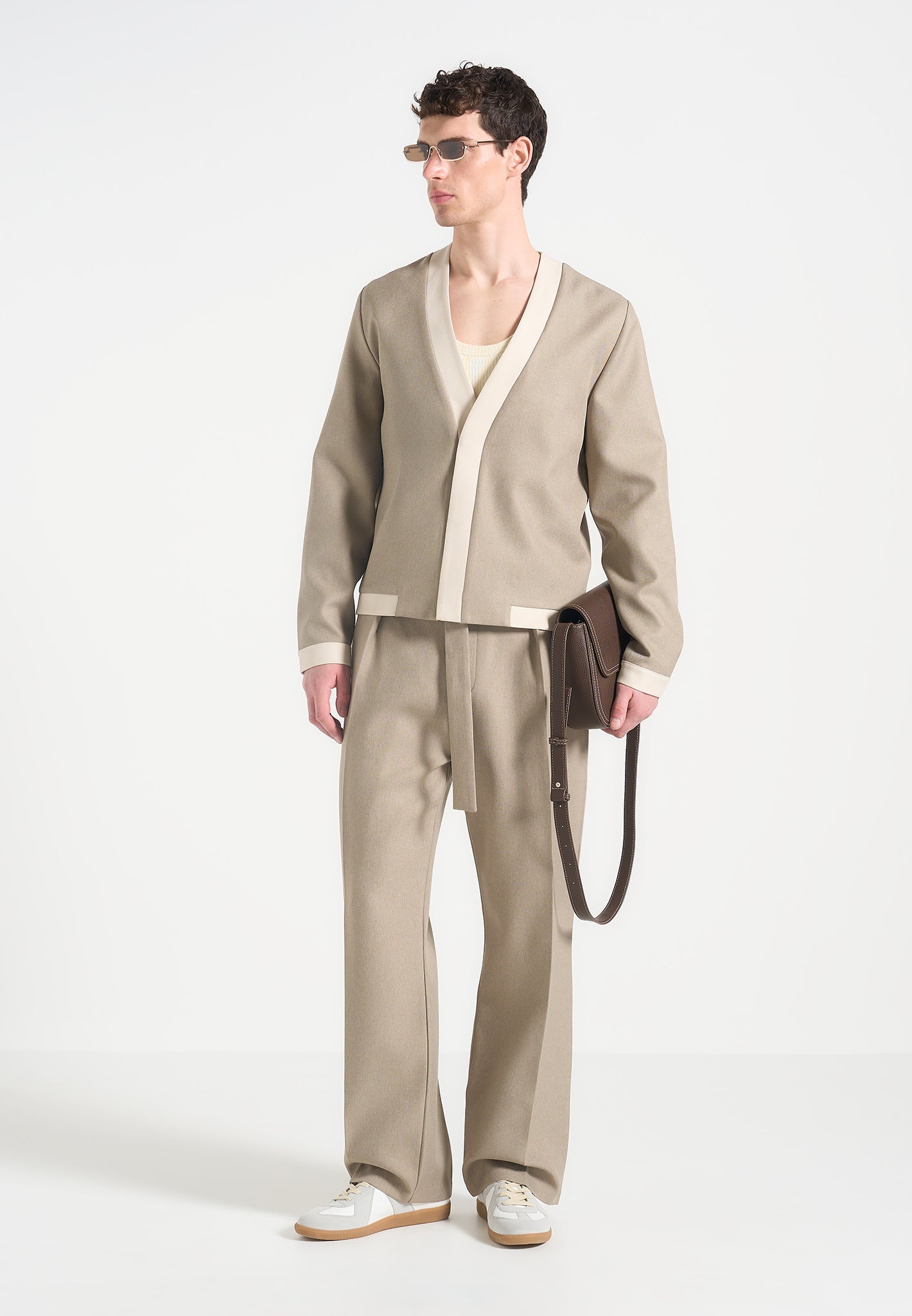 Clovis - Tailored Cardigan with Contrast Placket - Beige
