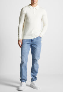 Merino Wool Long Sleeve Polo Top With Zip - Off White
