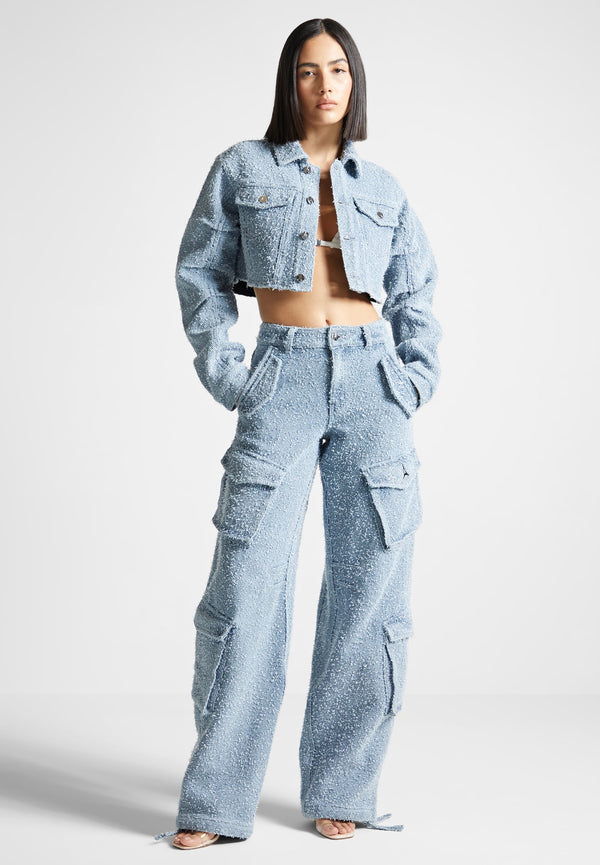 Anne - High Waisted Boucle Denim Cargo Pants - Mid Blue