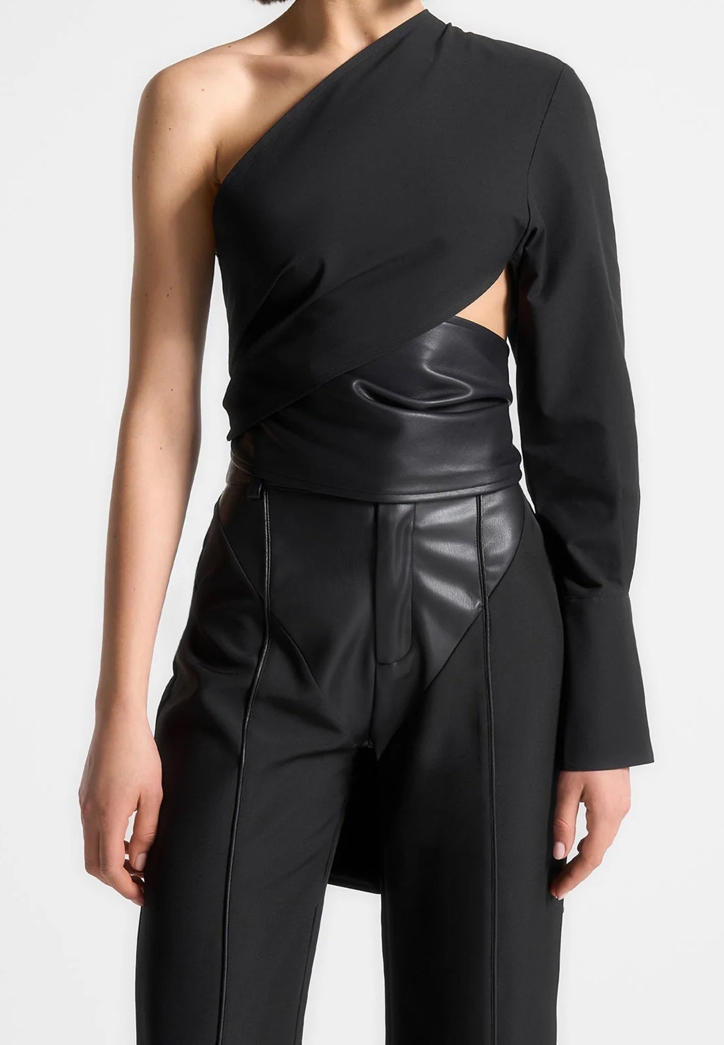 coralie-one-sleeve-leather-wrap-top-black 