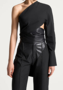 coralie-one-sleeve-leather-wrap-top-black
