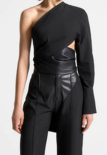 Coralie - One Sleeve Leather Wrap Top - Black