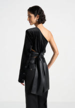 one-sleeve-velour-wrap-top-black