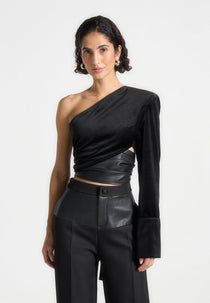 Coralie - One Sleeve Velour Wrap Top - Black