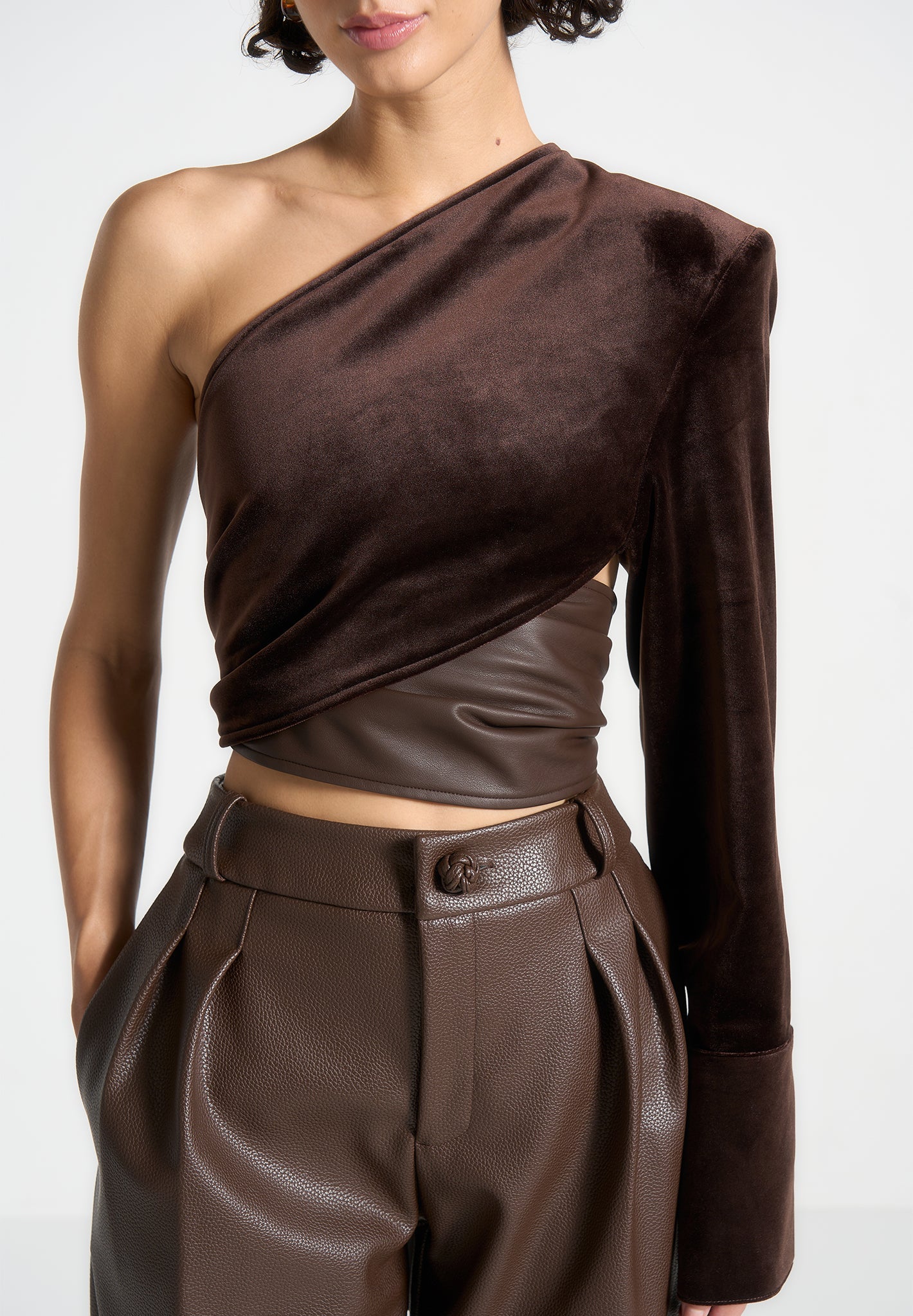 one-sleeve-velour-wrap-top-brown