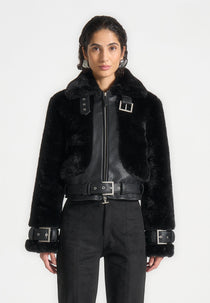 Deya - Plush & Vegan Leather Belted Jacket - Black
