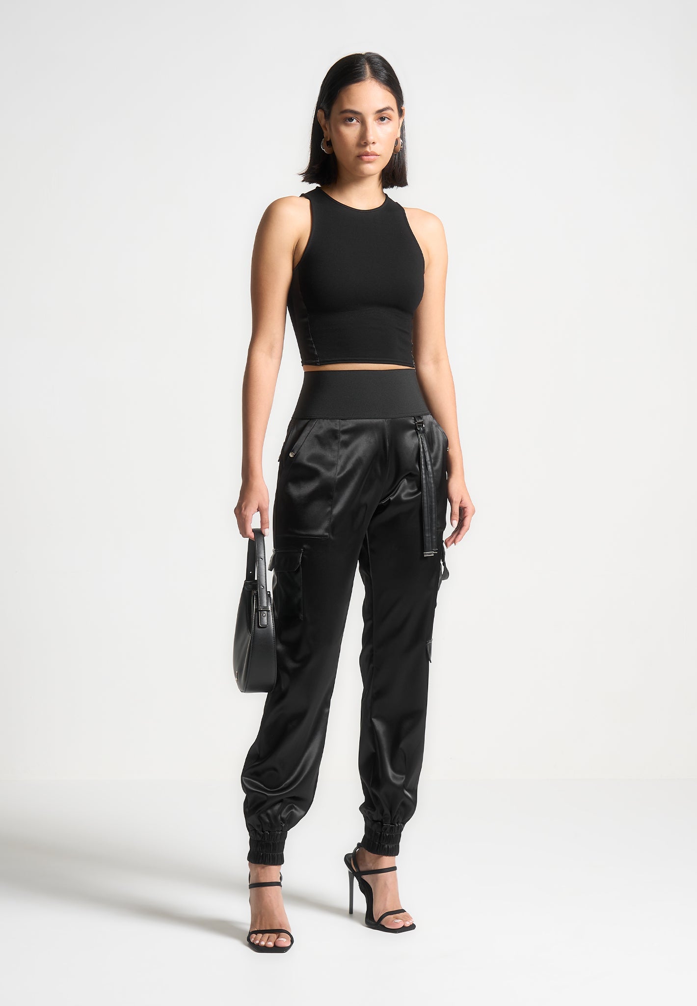 Racer Crop Top with Satin Panels - Black