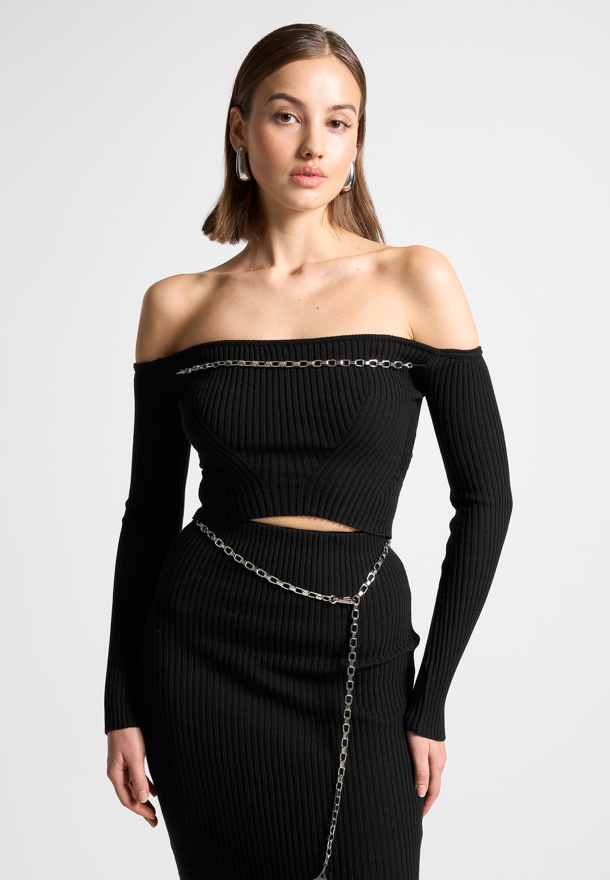 Ribbed Knit Bardot Crop Top with Chain - Black