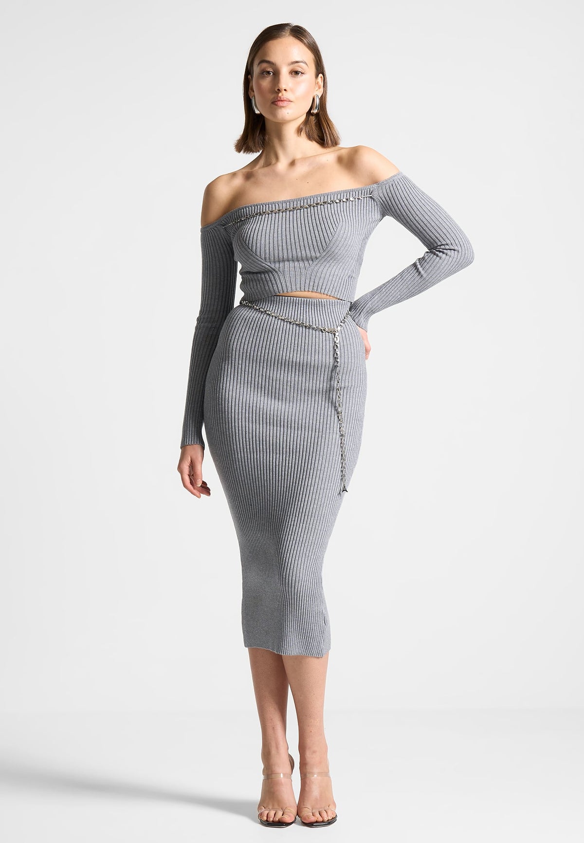 Ribbed Knit Bardot Crop Top with Chain - Grey