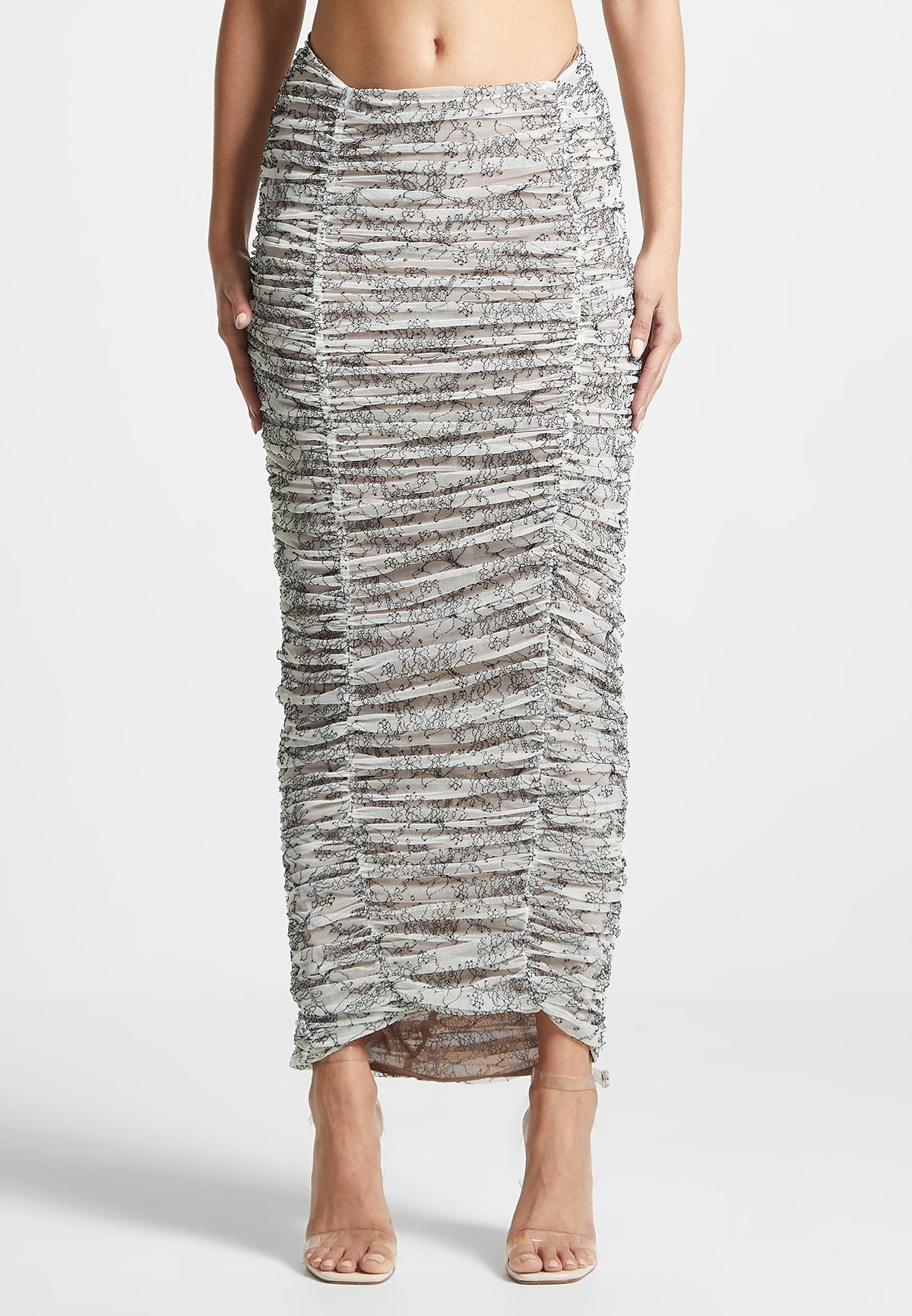 Ruched Lace Asymmetric Midaxi Skirt - Off White