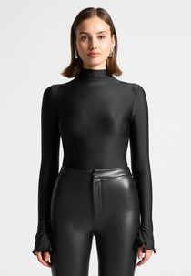 Ruffle Cuff Mock Neck Bodysuit - Black