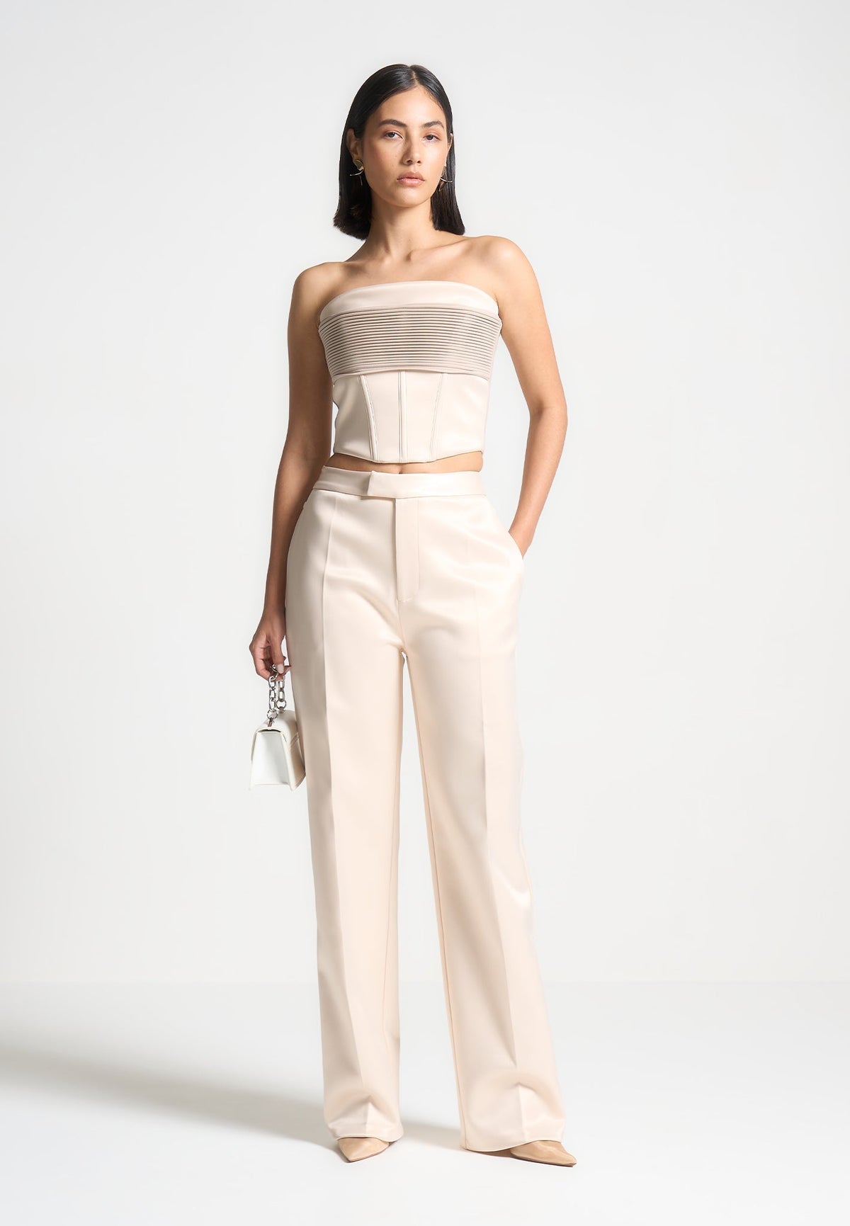 Cora - Satin Pintuck Bandeau Corset Top - Champagne