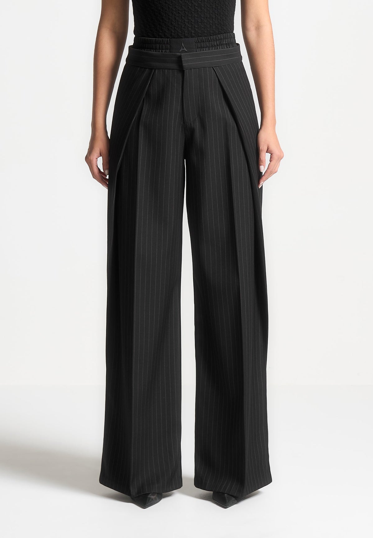 Sofia - Satin Waistband Pinstripe Pants - Black
