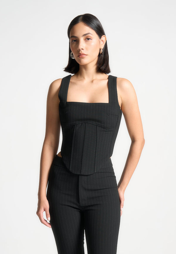 Square Neck Pinstripe Corset Top - Black