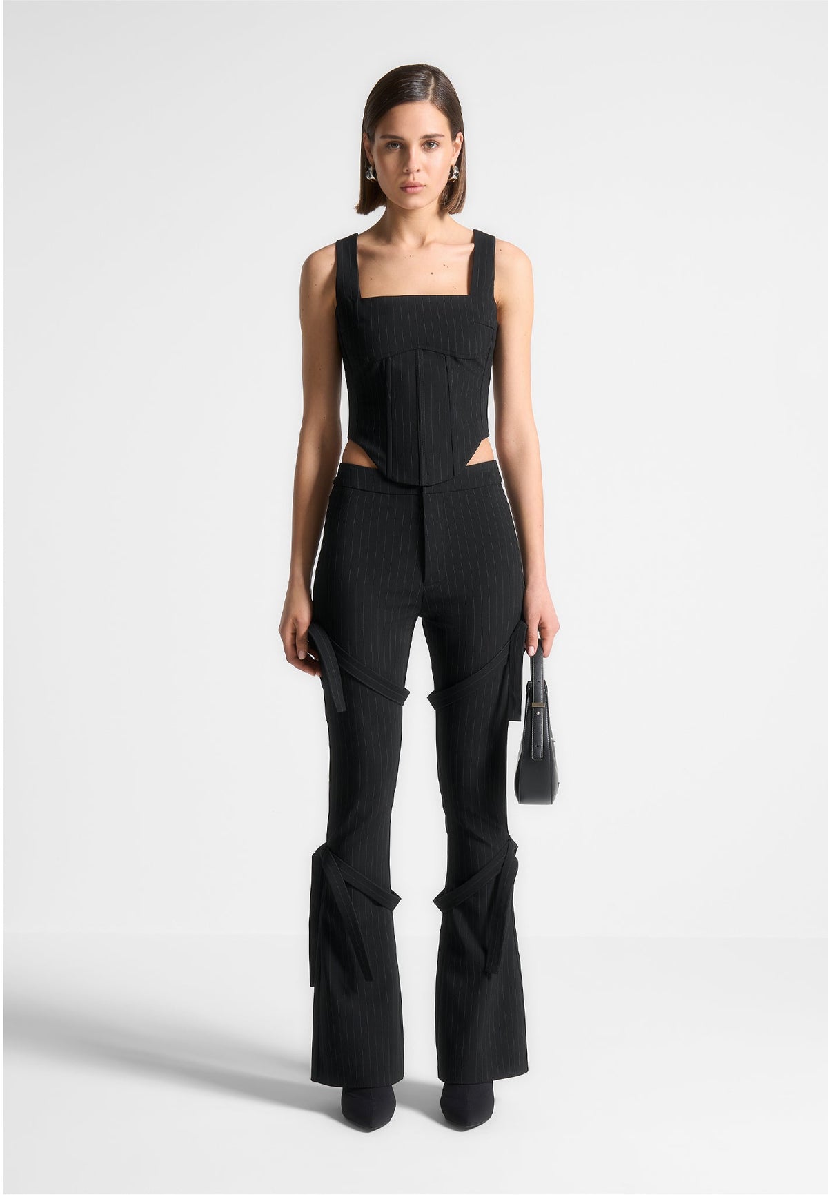 Square Neck Pinstripe Corset Top - Black