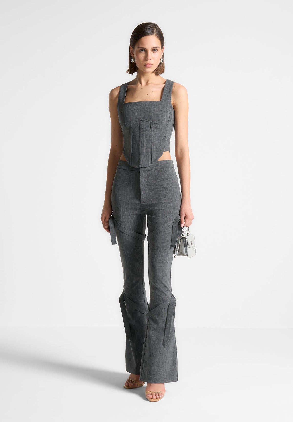 Square Neck Pinstripe Corset Top - Grey