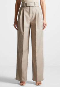 Tailored Pleated Pants with Eiffel Belt - Taupe