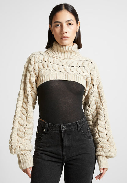 Turtleneck Cable Knit Arm Warmers - Beige